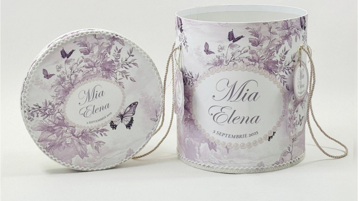 Trusou botez Purple Toile cu fluturi și flori mov personalizat 21